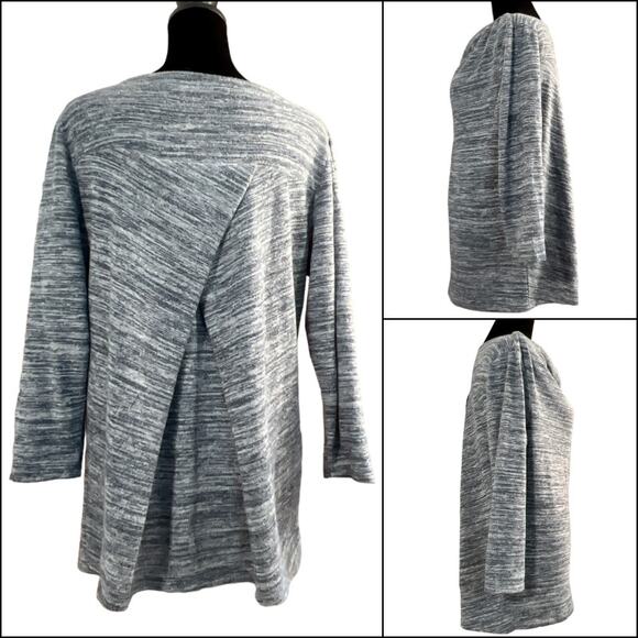 Heathered Split Back Knit Top Cowl Neck 3/4 Sleeve Blue Gray - Picture 2 of 16